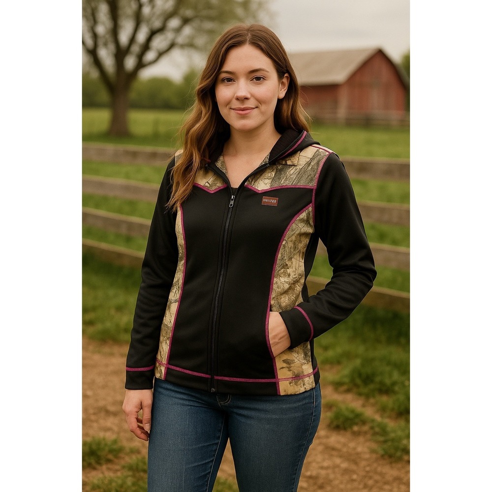 Roper Women's Softshell Camo Hoodie Jacket Black Pink Trim Zip Front Size‎ M